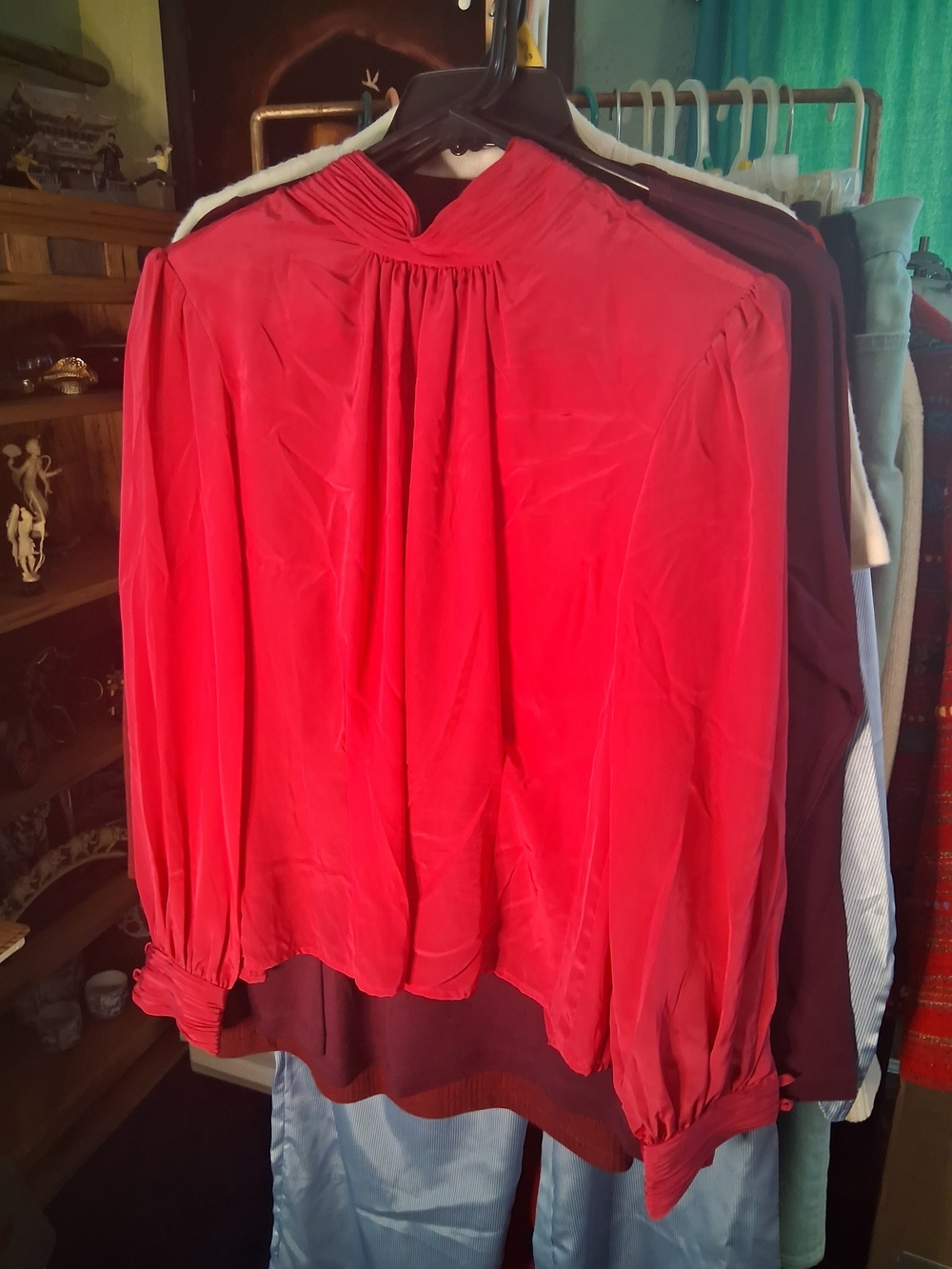 Women's Red Long-Sleeve Blouse with Gathered Neckline
